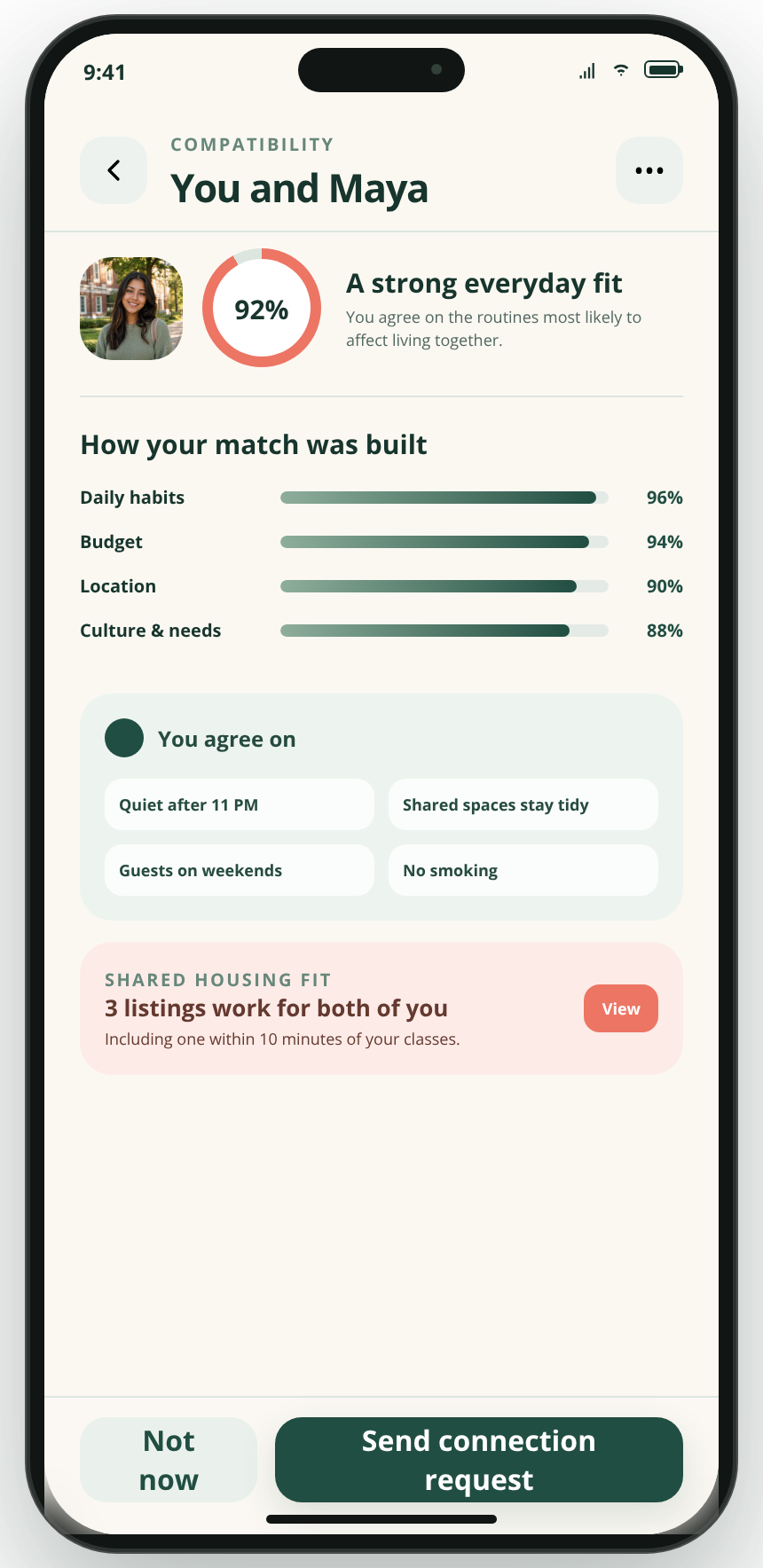 HallMatch compatibility breakdown connecting a roommate match to shared housing