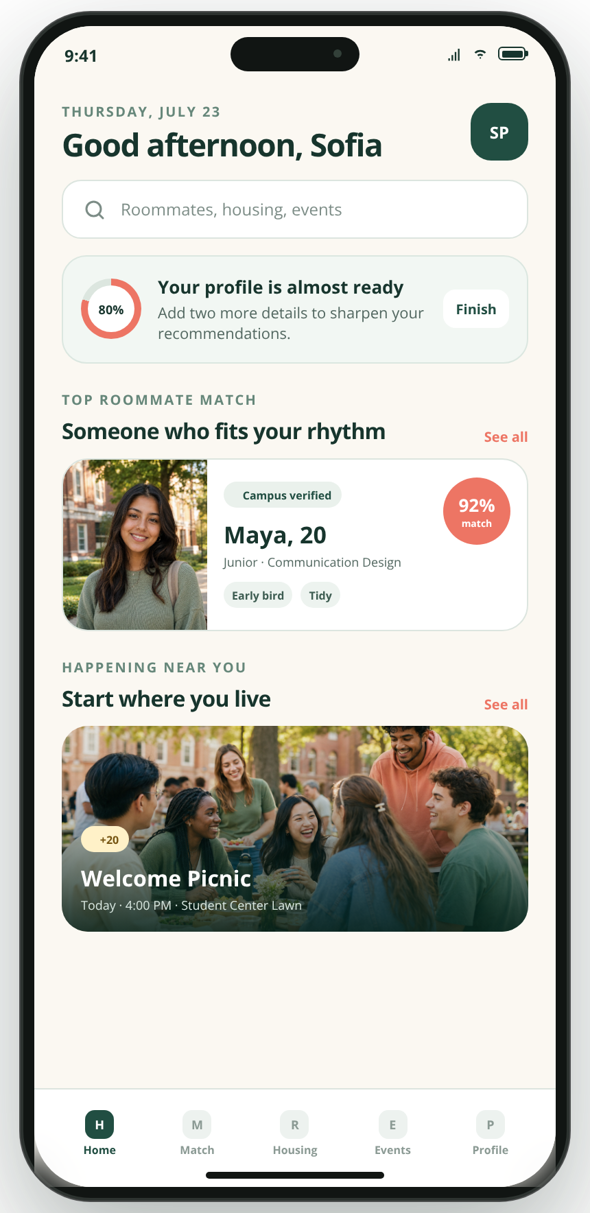 HallMatch personalized home dashboard showing a roommate match and campus event