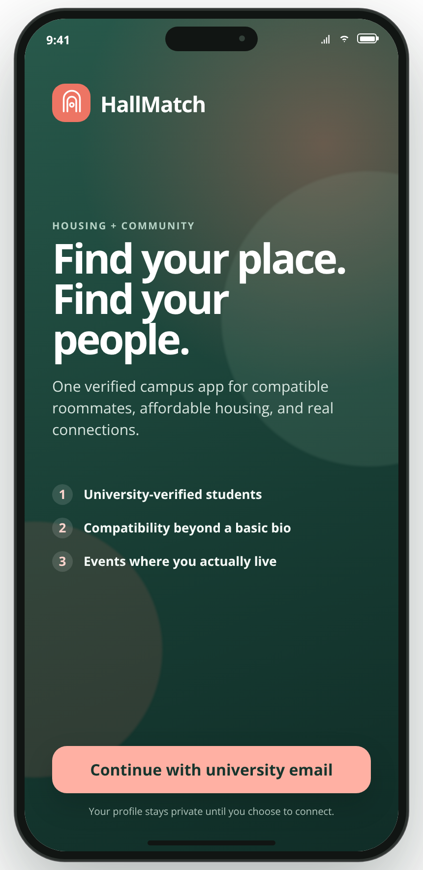 HallMatch university verification welcome screen